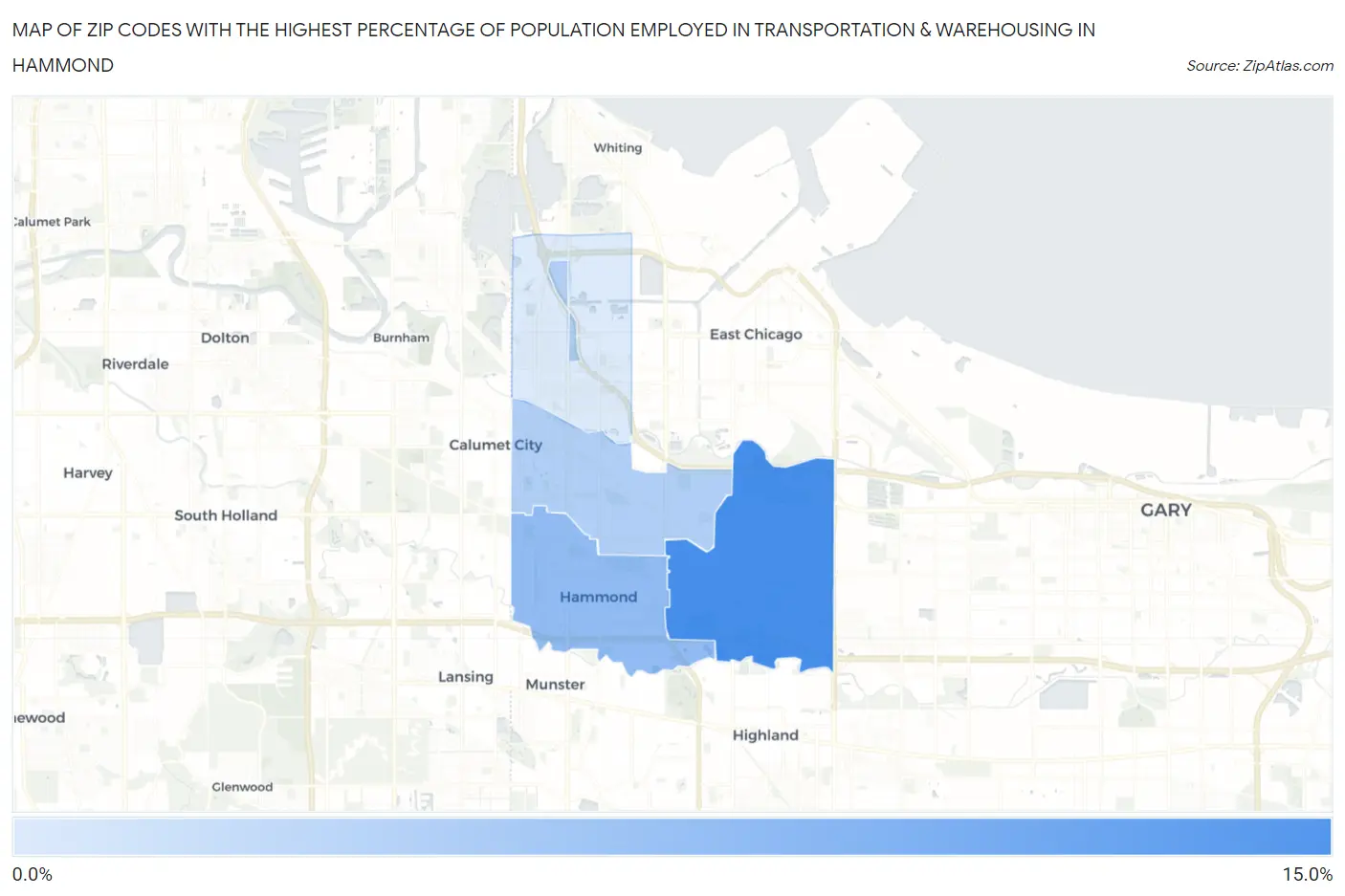 Zip Codes with the Highest Percentage of Population Employed in Transportation & Warehousing in Hammond Map