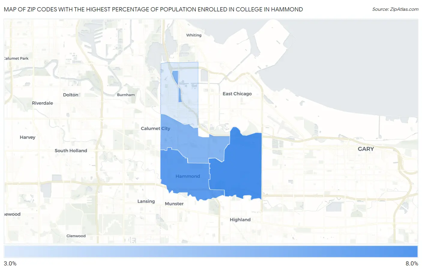 Zip Codes with the Highest Percentage of Population Enrolled in College in Hammond Map