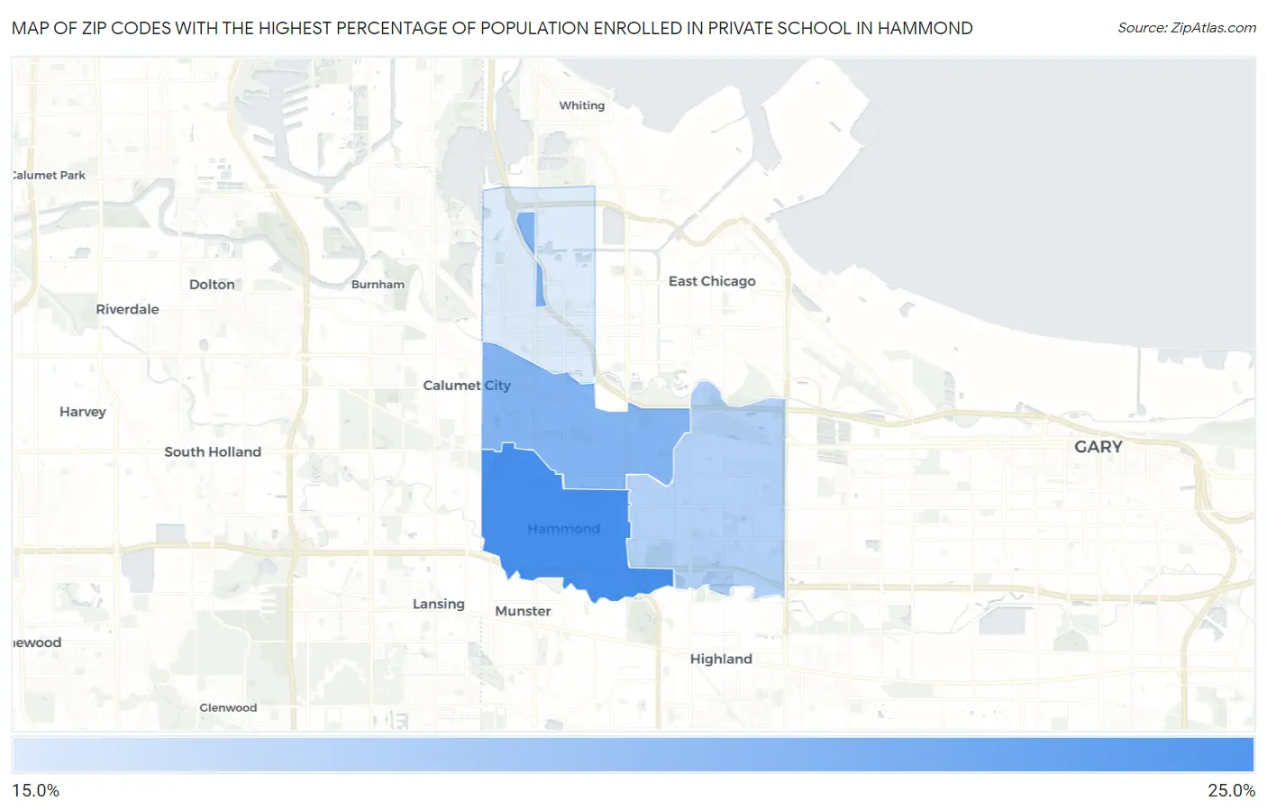 Zip Codes with the Highest Percentage of Population Enrolled in Private School in Hammond Map