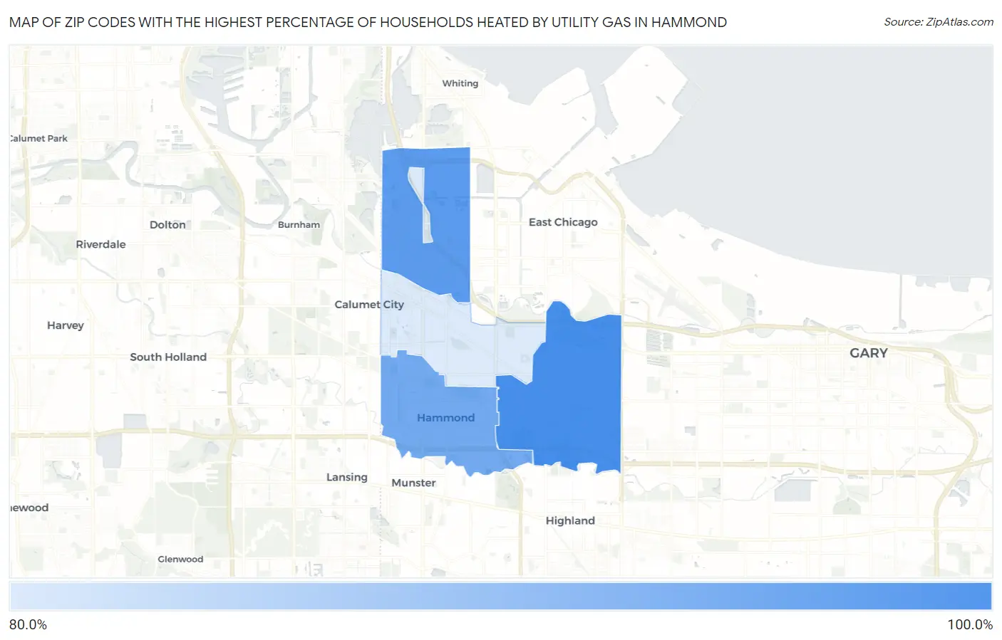 Zip Codes with the Highest Percentage of Households Heated by Utility Gas in Hammond Map