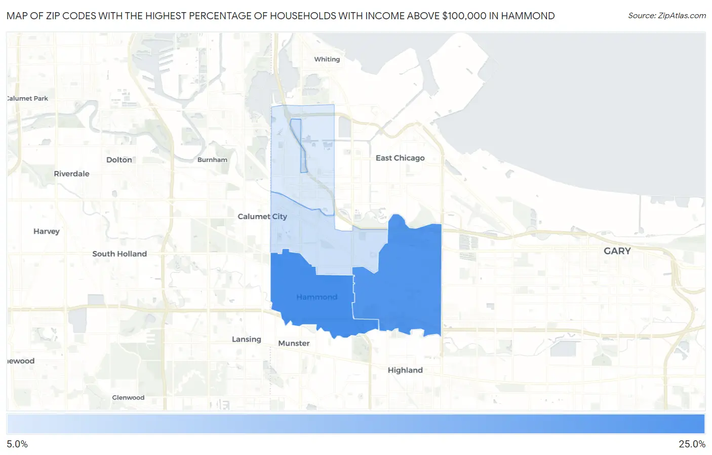 Zip Codes with the Highest Percentage of Households with Income Above $100,000 in Hammond Map