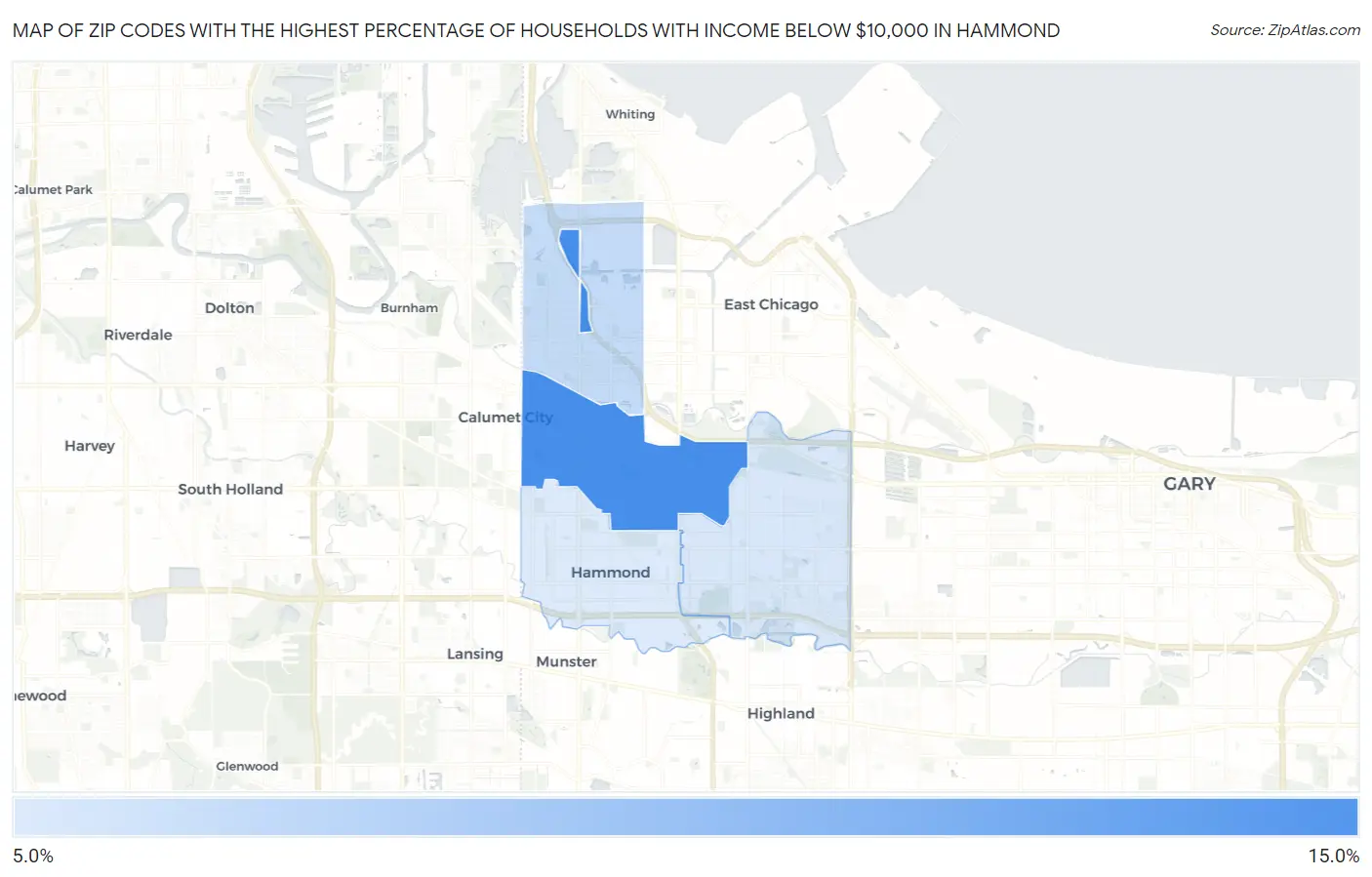 Zip Codes with the Highest Percentage of Households with Income Below $10,000 in Hammond Map