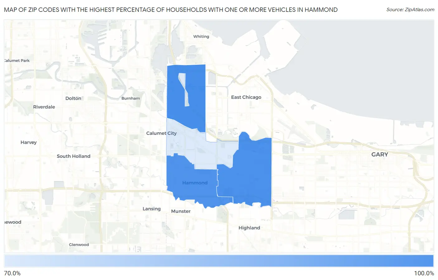 Zip Codes with the Highest Percentage of Households With One or more Vehicles in Hammond Map