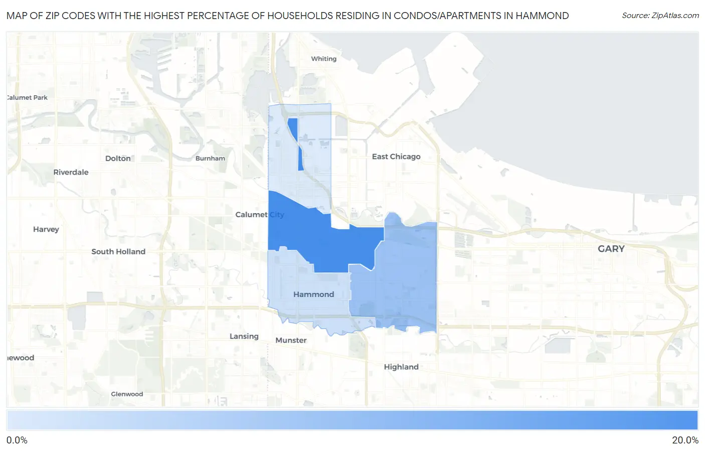 Zip Codes with the Highest Percentage of Households Residing in Condos/Apartments in Hammond Map