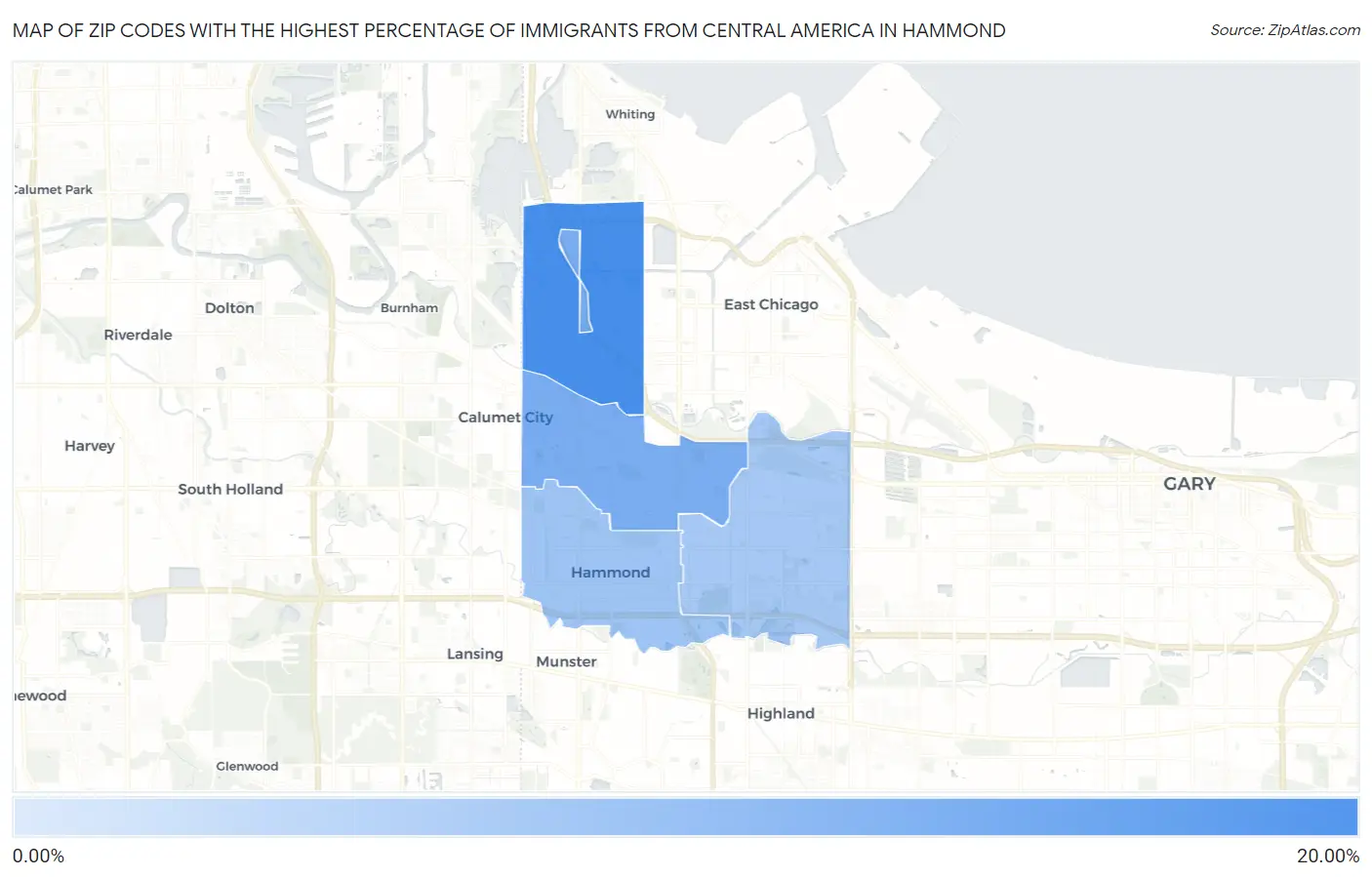 Zip Codes with the Highest Percentage of Immigrants from Central America in Hammond Map