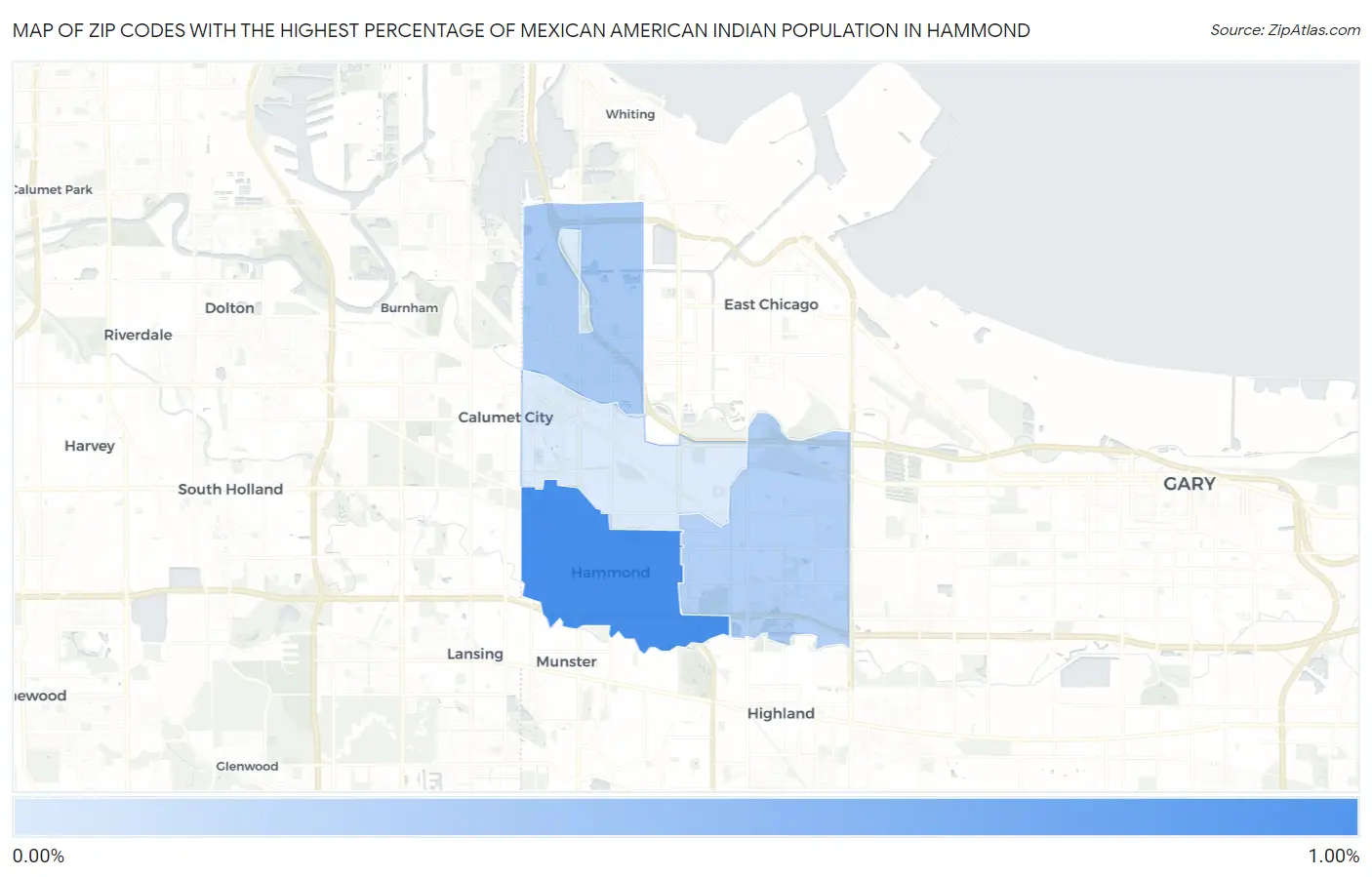 Zip Codes with the Highest Percentage of Mexican American Indian Population in Hammond Map