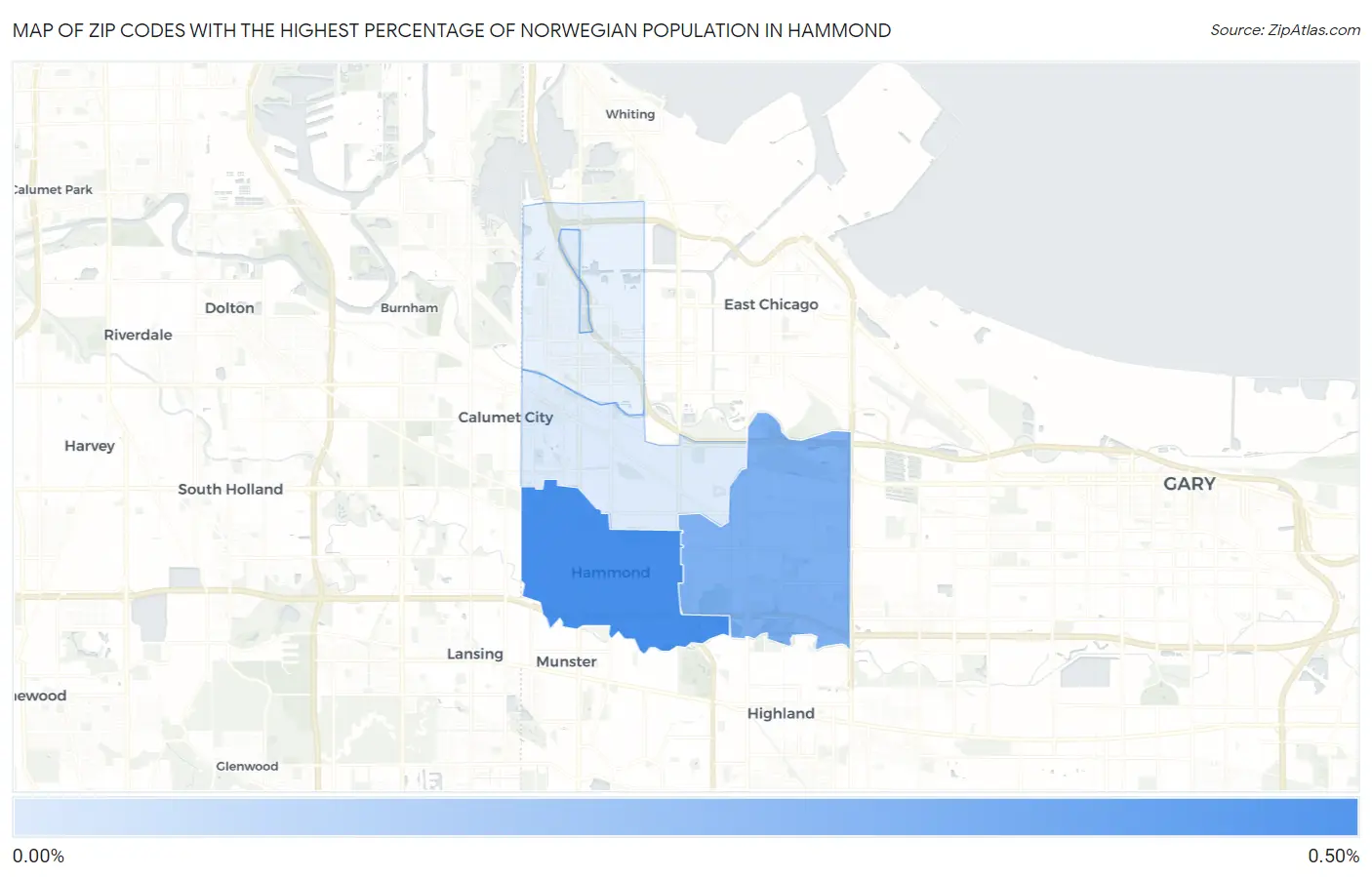 Zip Codes with the Highest Percentage of Norwegian Population in Hammond Map