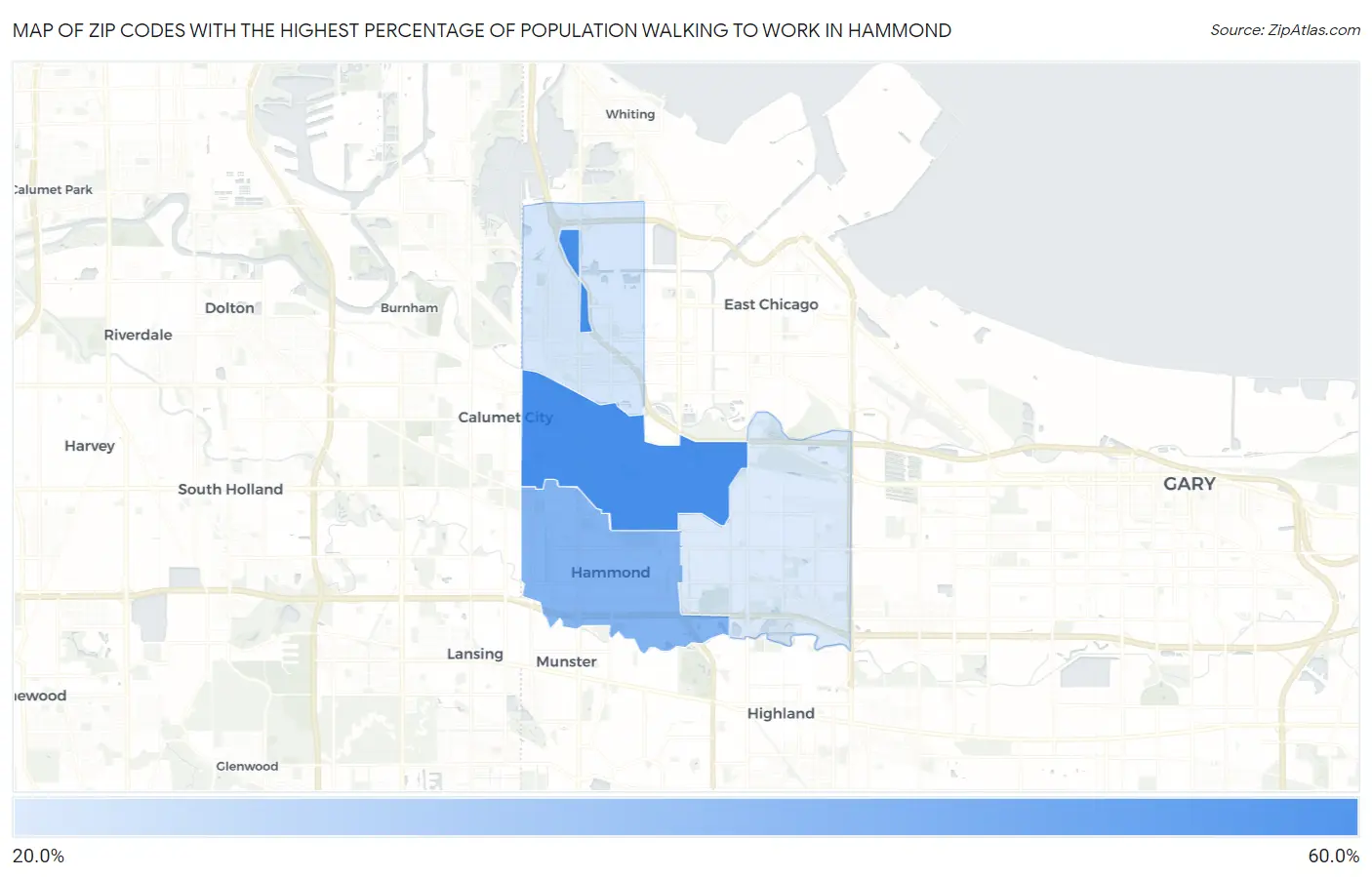 Zip Codes with the Highest Percentage of Population Walking to Work in Hammond Map