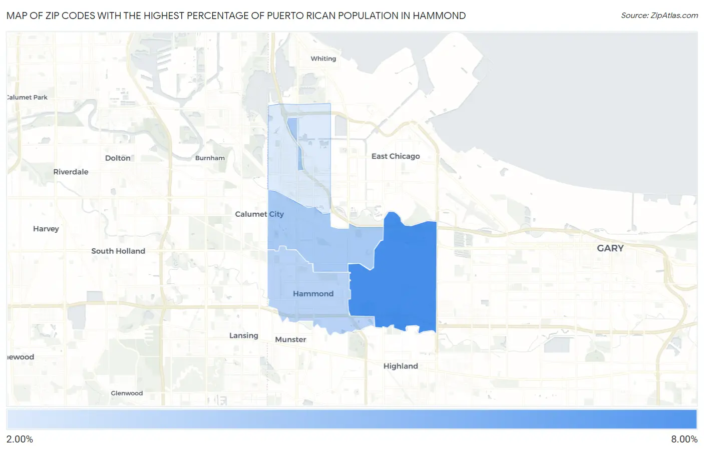 Zip Codes with the Highest Percentage of Puerto Rican Population in Hammond Map