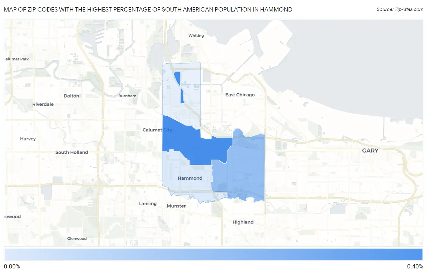 Zip Codes with the Highest Percentage of South American Population in Hammond Map