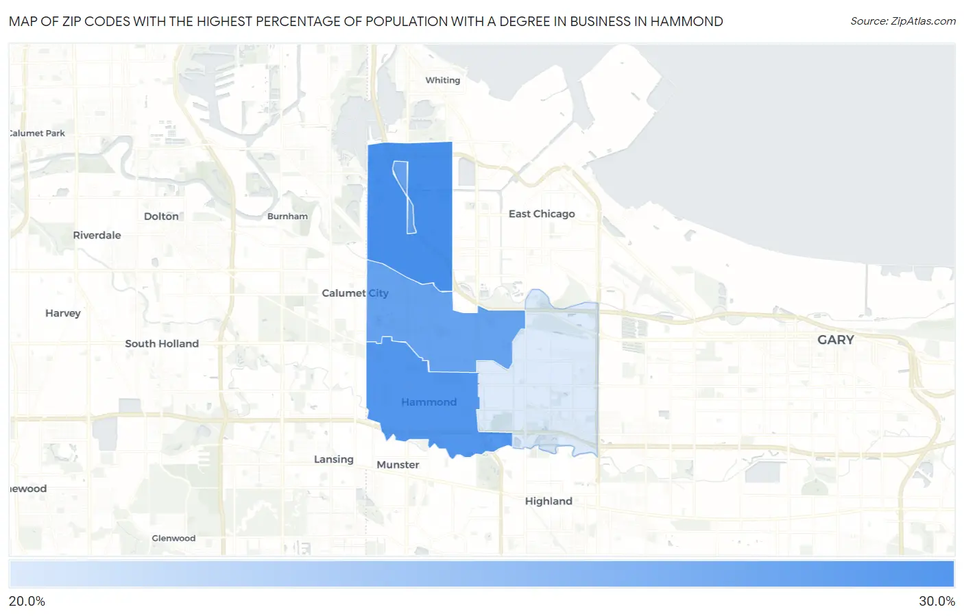 Zip Codes with the Highest Percentage of Population with a Degree in Business in Hammond Map