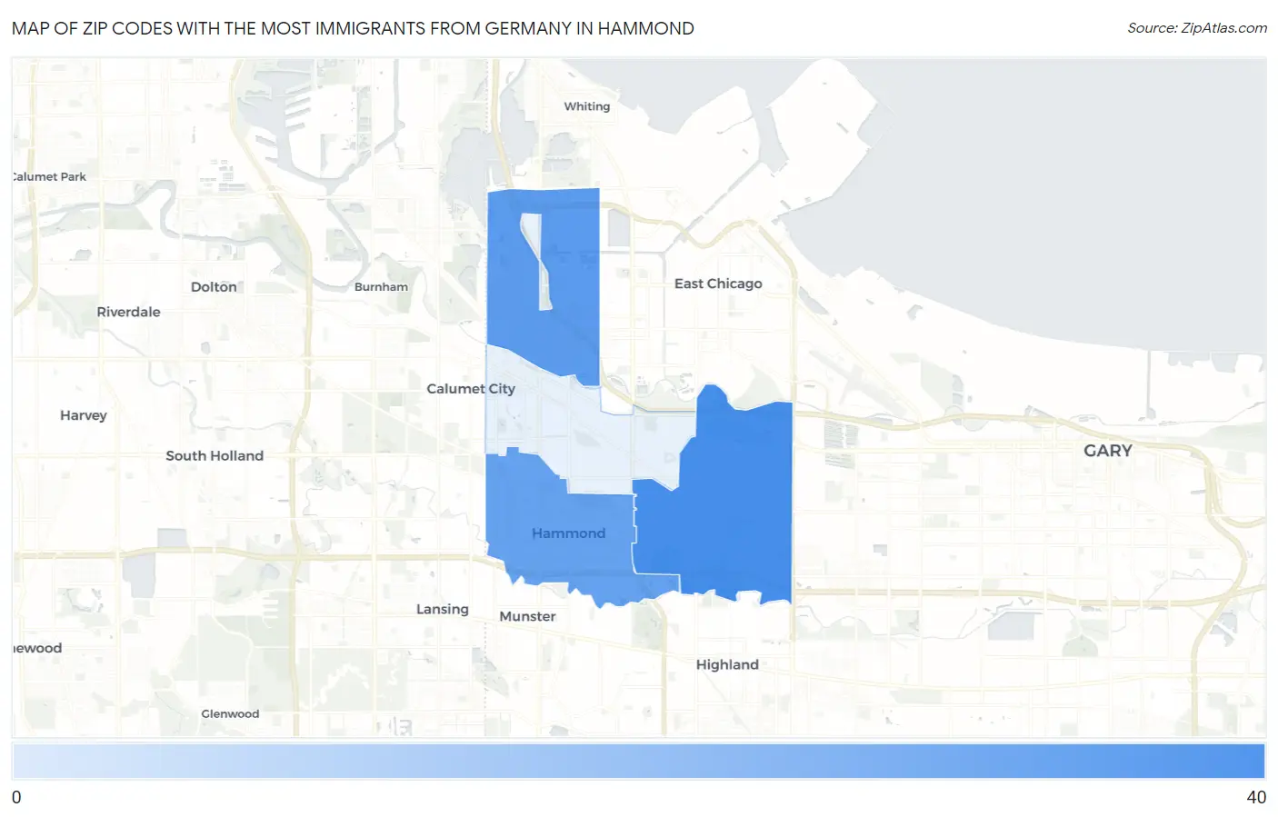 Zip Codes with the Most Immigrants from Germany in Hammond Map