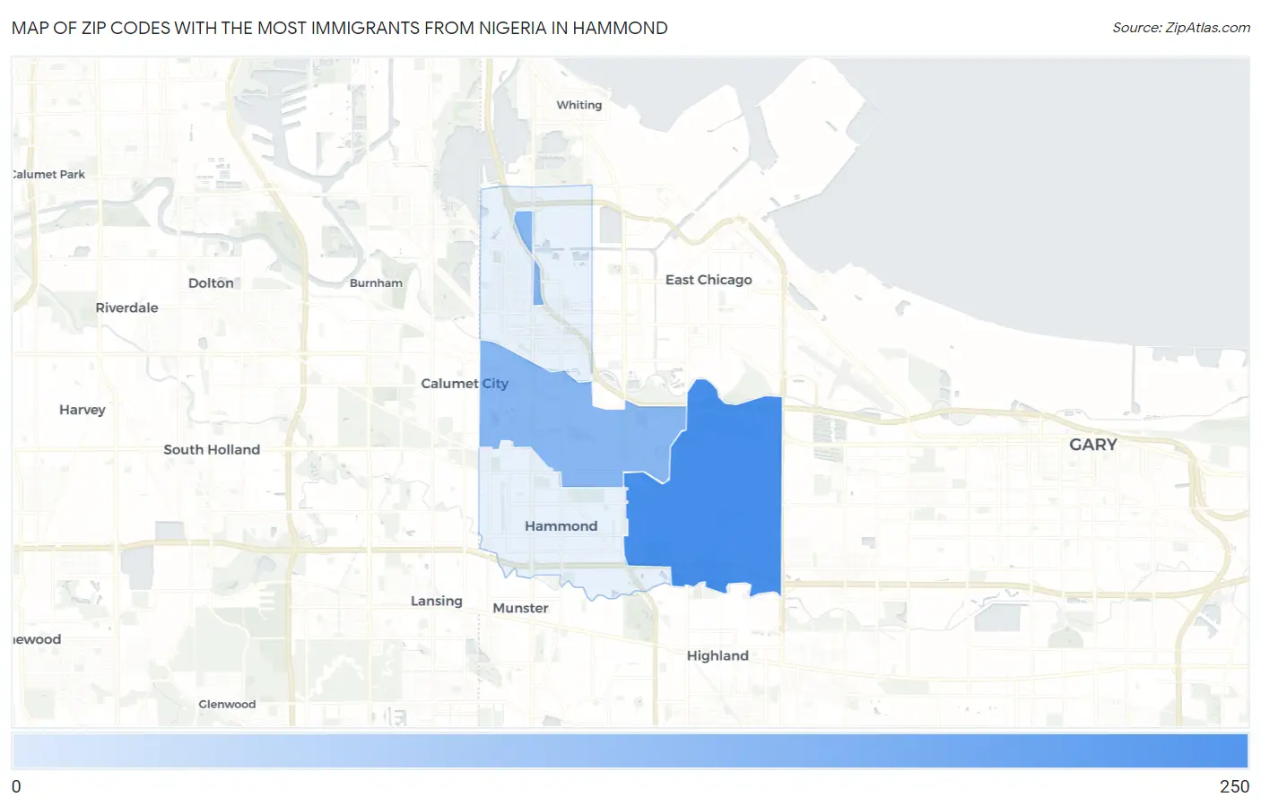 Zip Codes with the Most Immigrants from Nigeria in Hammond Map