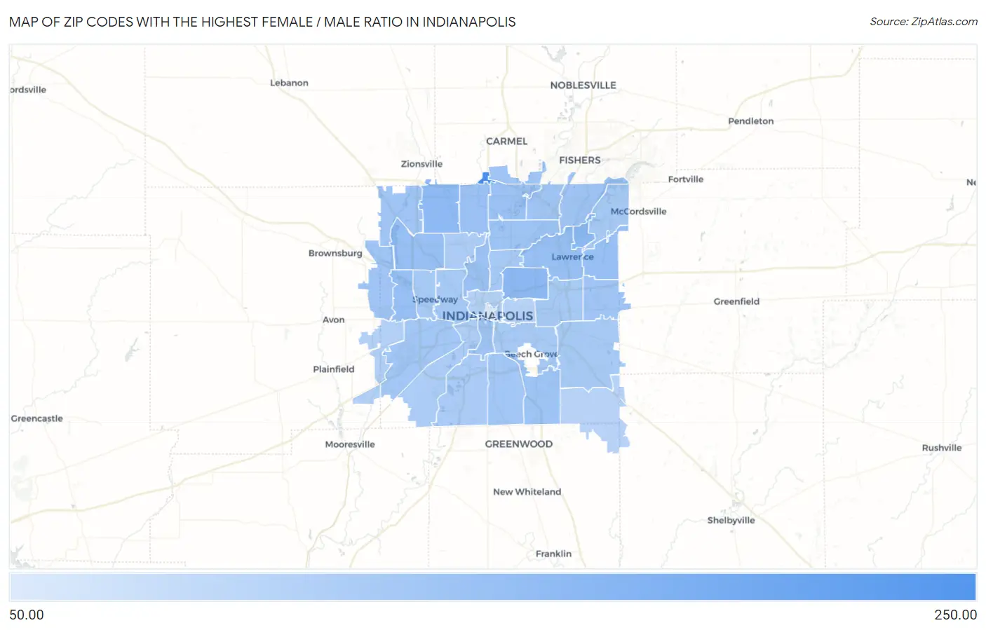 Zip Codes with the Highest Female / Male Ratio in Indianapolis Map