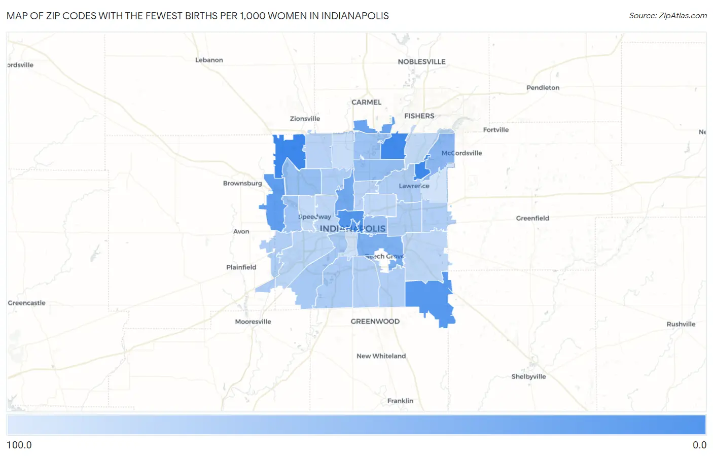 Zip Codes with the Fewest Births per 1,000 Women in Indianapolis Map