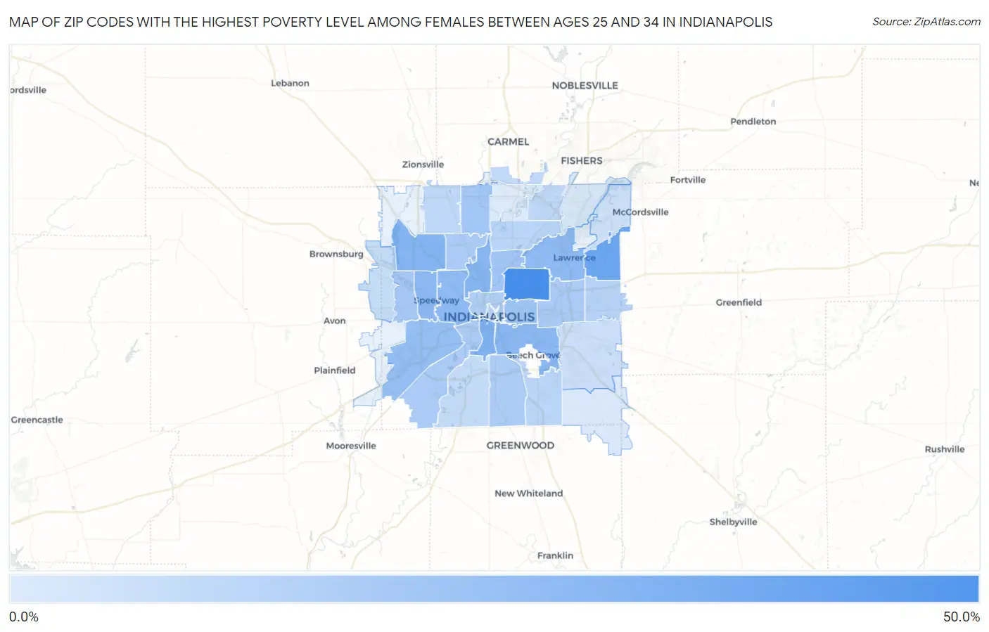 Zip Codes with the Highest Poverty Level Among Females Between Ages 25 and 34 in Indianapolis Map