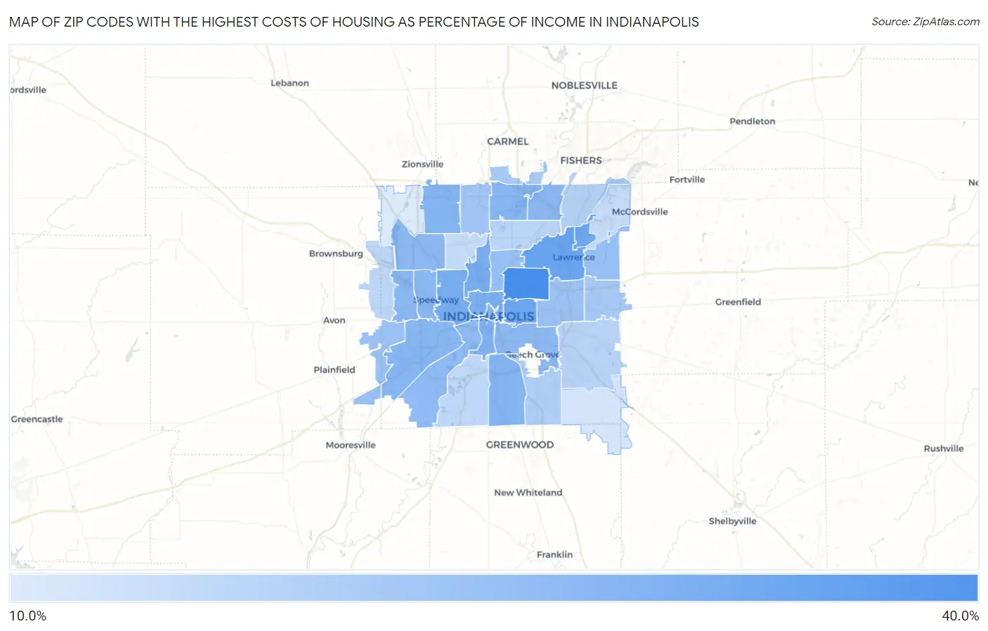 Zip Codes with the Highest Costs of Housing as Percentage of Income in Indianapolis Map