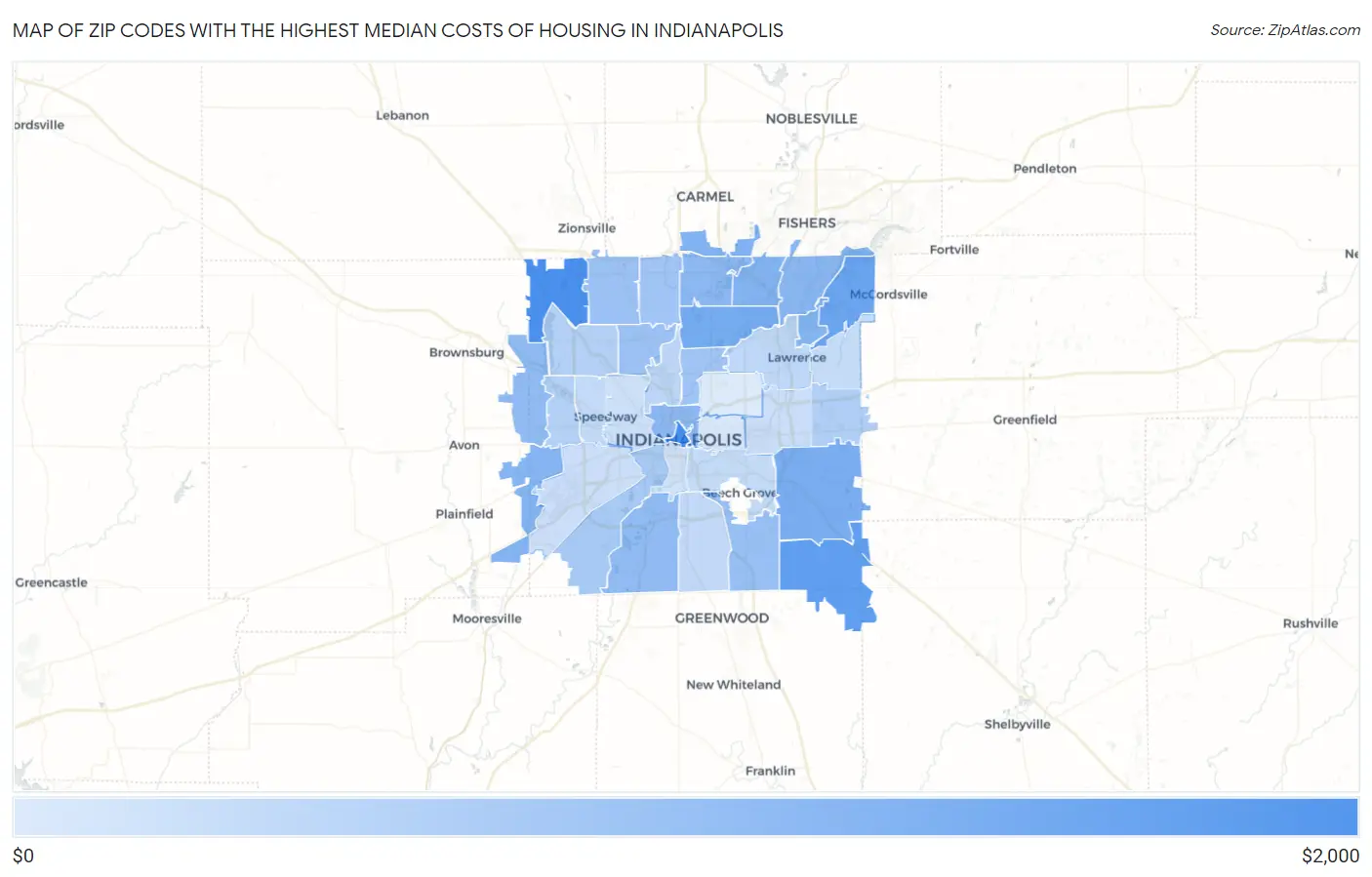 Zip Codes with the Highest Median Costs of Housing in Indianapolis Map