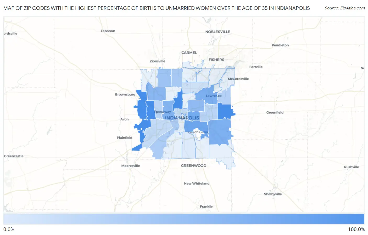 Zip Codes with the Highest Percentage of Births to Unmarried Women over the Age of 35 in Indianapolis Map