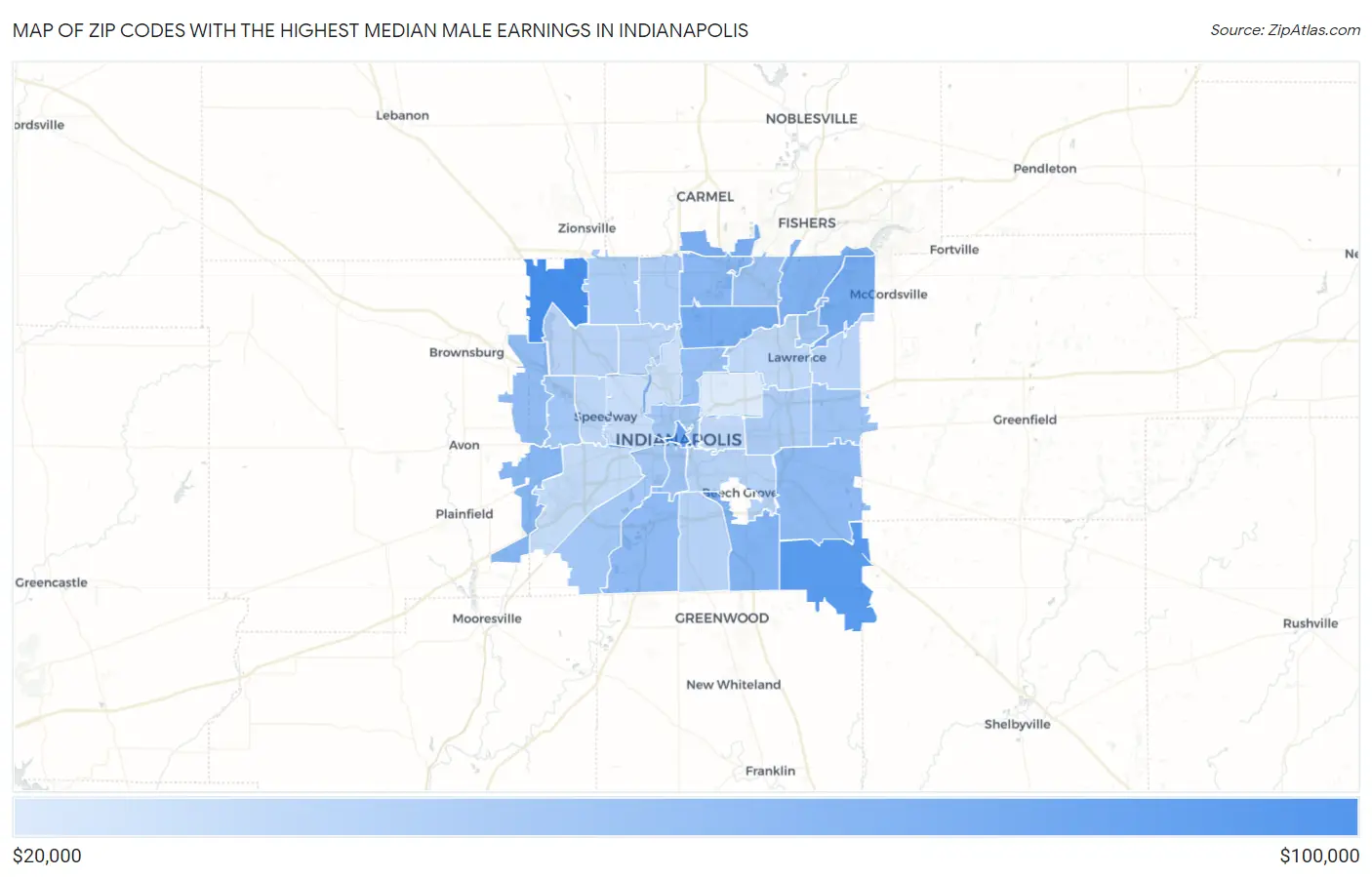 Zip Codes with the Highest Median Male Earnings in Indianapolis Map