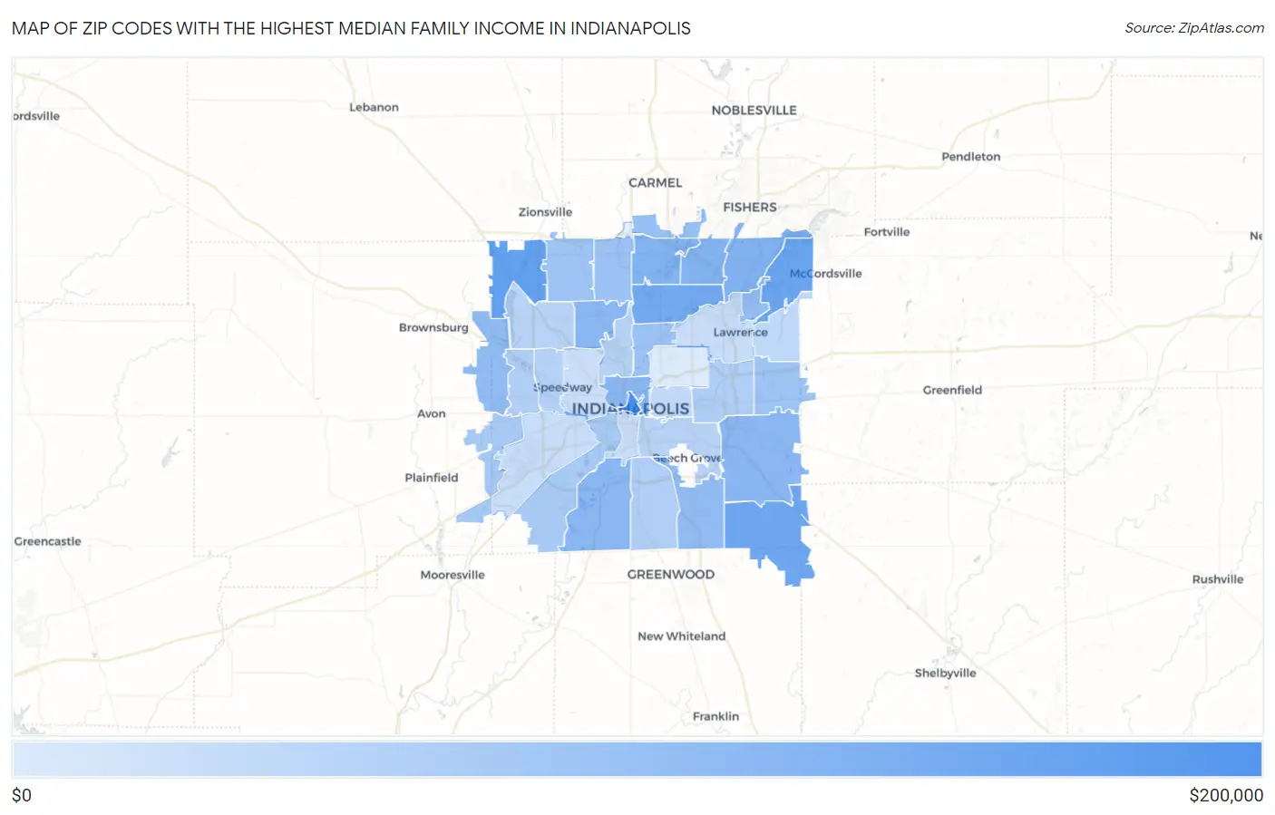 Zip Codes with the Highest Median Family Income in Indianapolis Map