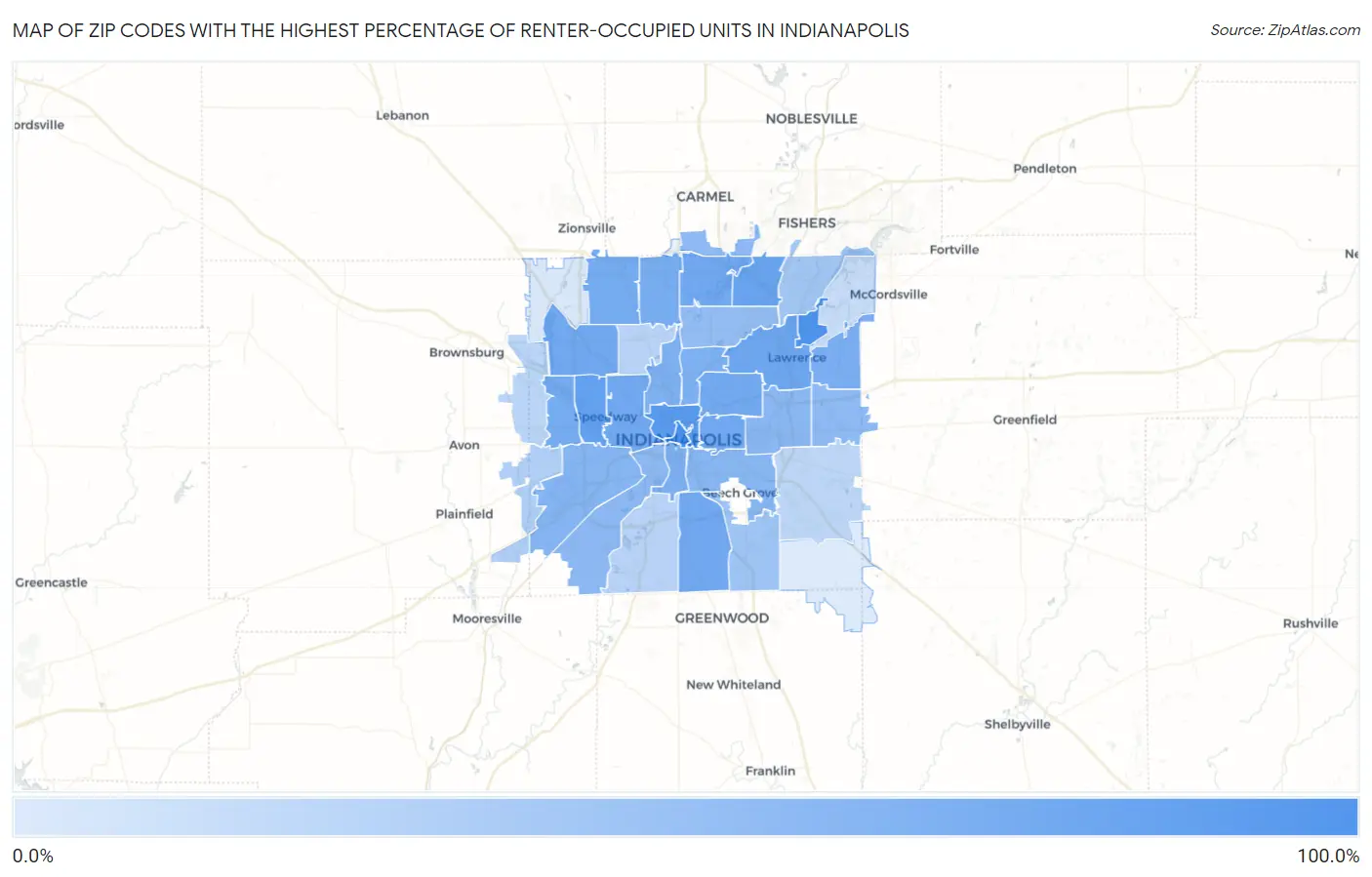 Zip Codes with the Highest Percentage of Renter-Occupied Units in Indianapolis Map