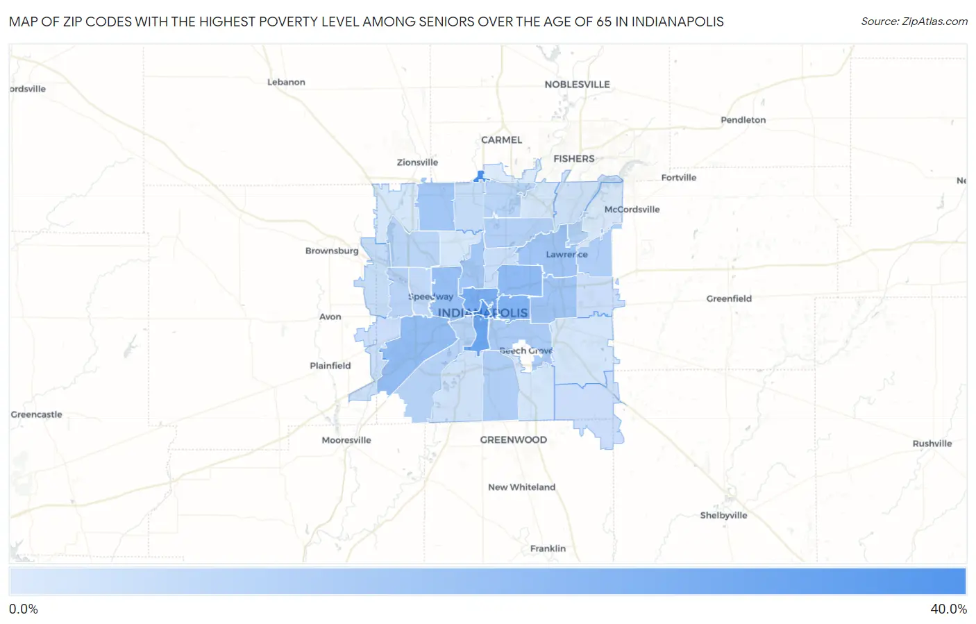 Zip Codes with the Highest Poverty Level Among Seniors Over the Age of 65 in Indianapolis Map