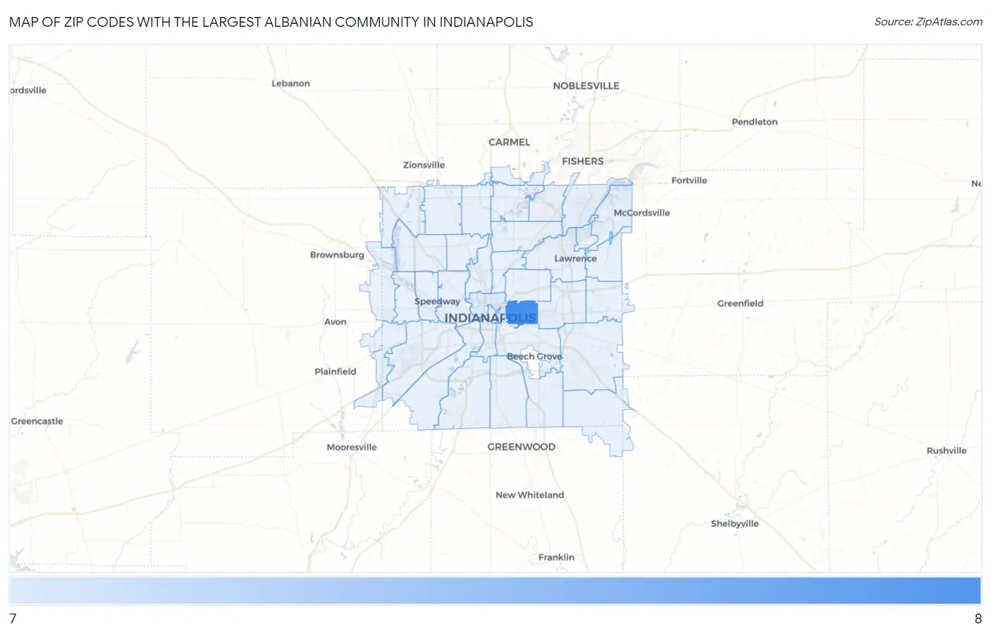 Zip Codes with the Largest Albanian Community in Indianapolis Map