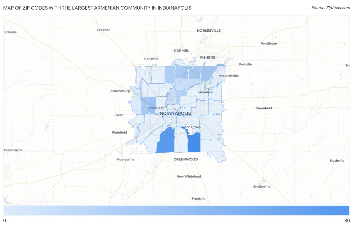Zip Codes with the Largest Armenian Community in Indianapolis Map