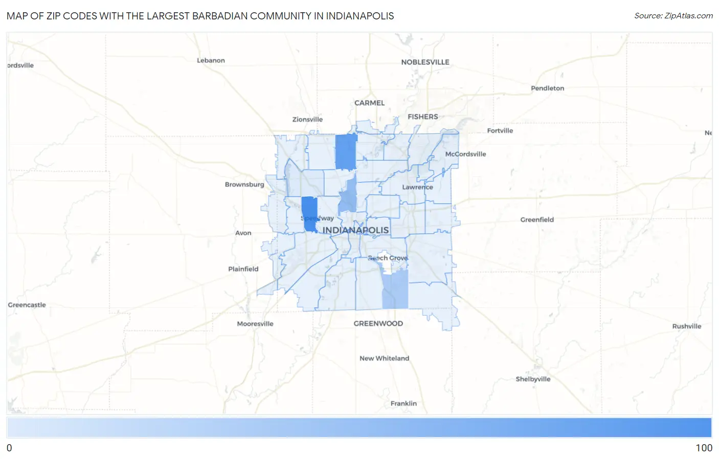 Zip Codes with the Largest Barbadian Community in Indianapolis Map