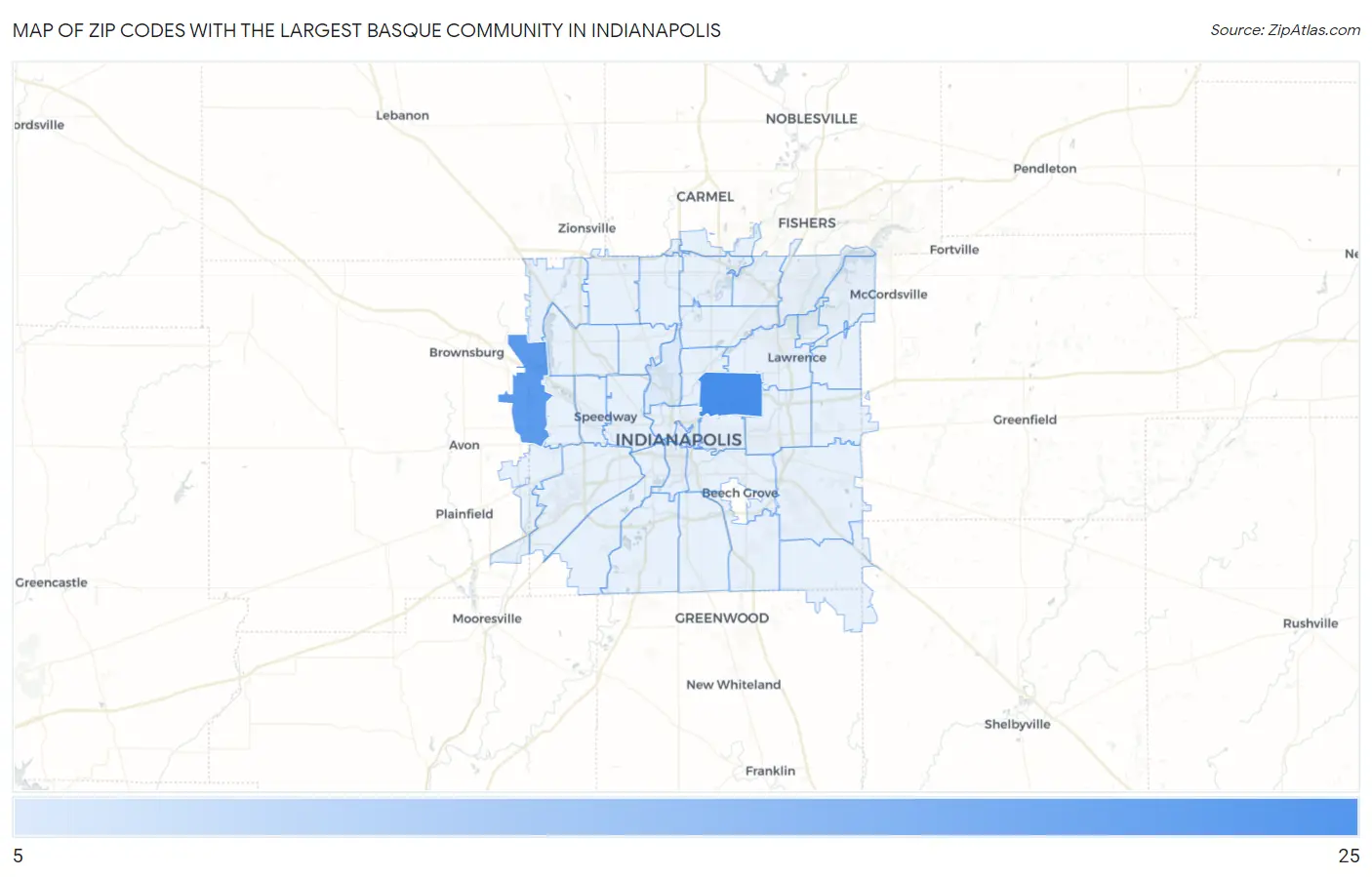 Zip Codes with the Largest Basque Community in Indianapolis Map