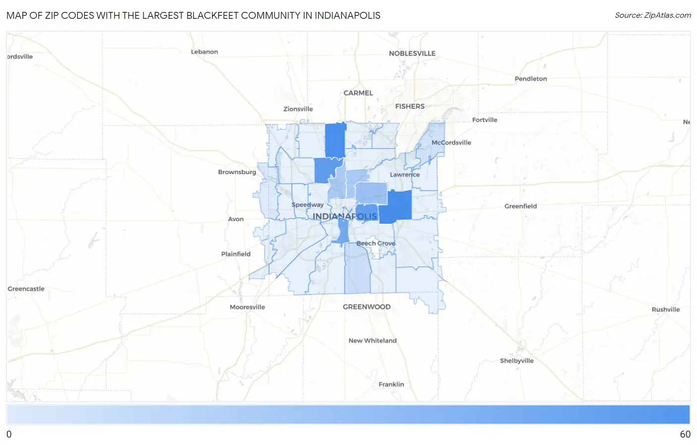 Zip Codes with the Largest Blackfeet Community in Indianapolis Map
