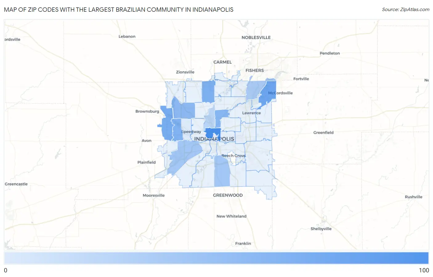 Zip Codes with the Largest Brazilian Community in Indianapolis Map
