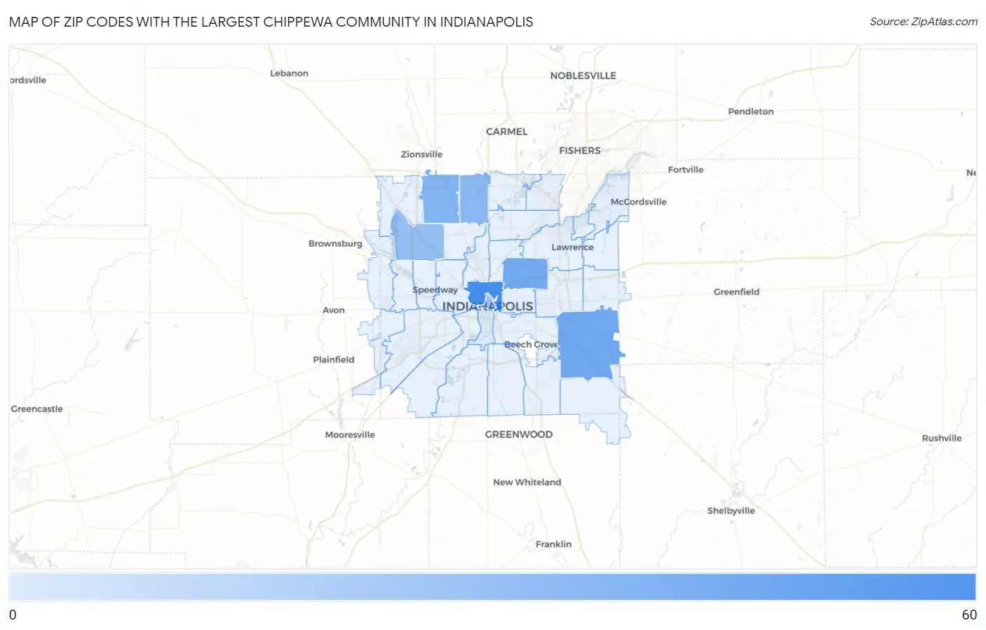 Zip Codes with the Largest Chippewa Community in Indianapolis Map