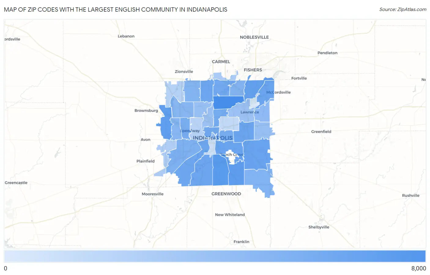 Zip Codes with the Largest English Community in Indianapolis Map