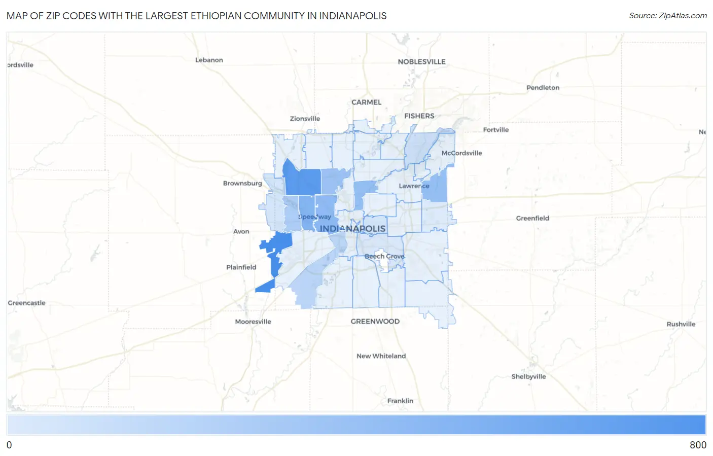 Zip Codes with the Largest Ethiopian Community in Indianapolis Map