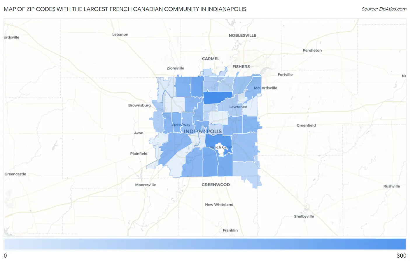 Zip Codes with the Largest French Canadian Community in Indianapolis Map