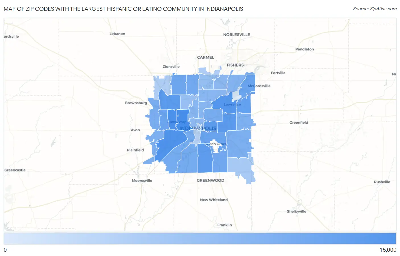 Zip Codes with the Largest Hispanic or Latino Community in Indianapolis Map