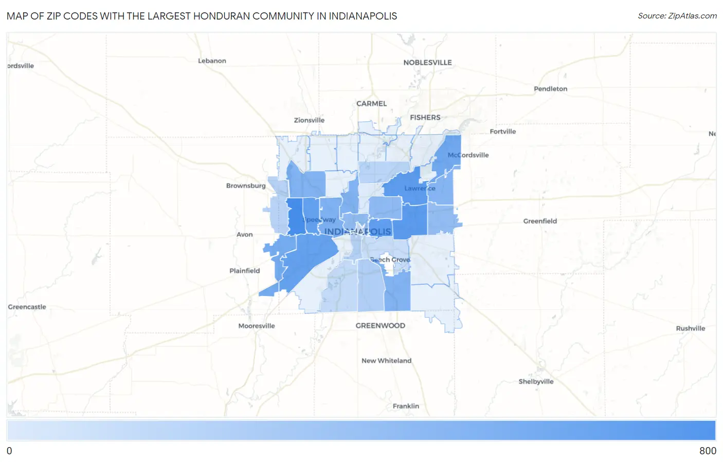 Zip Codes with the Largest Honduran Community in Indianapolis Map