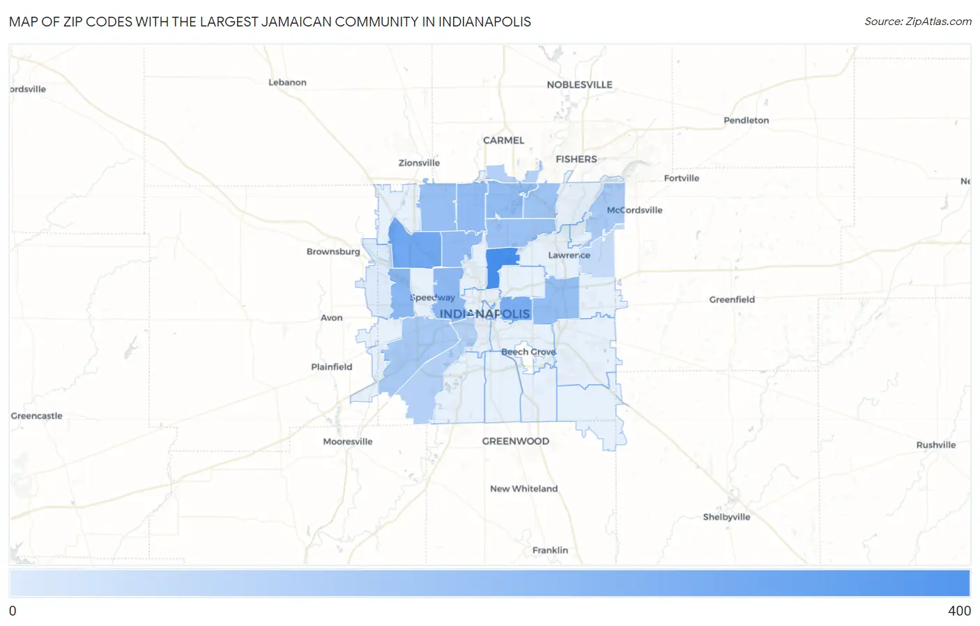 Zip Codes with the Largest Jamaican Community in Indianapolis Map