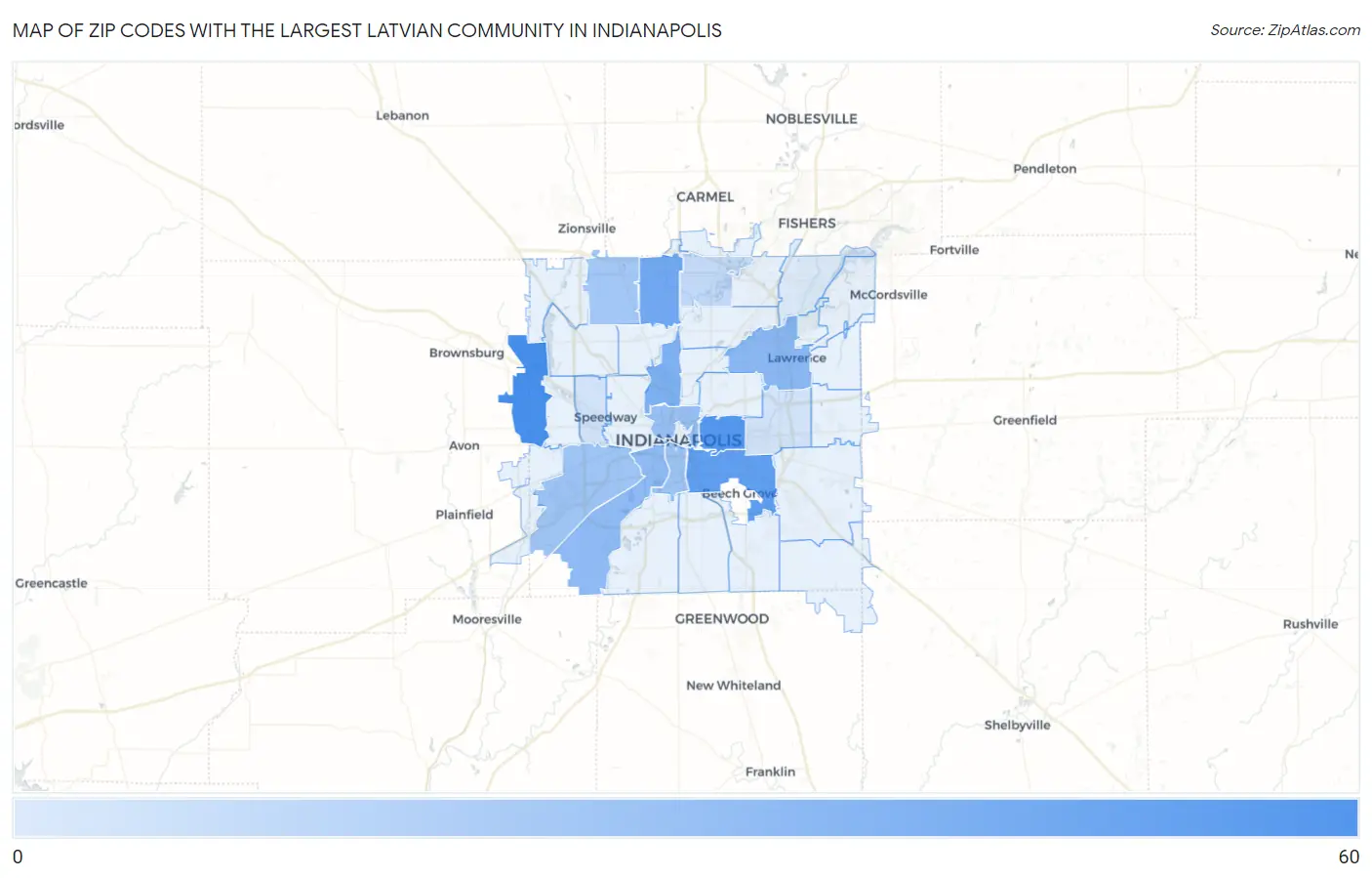 Zip Codes with the Largest Latvian Community in Indianapolis Map