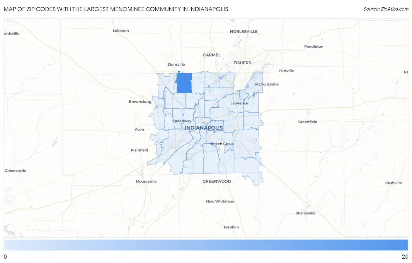 Zip Codes with the Largest Menominee Community in Indianapolis Map