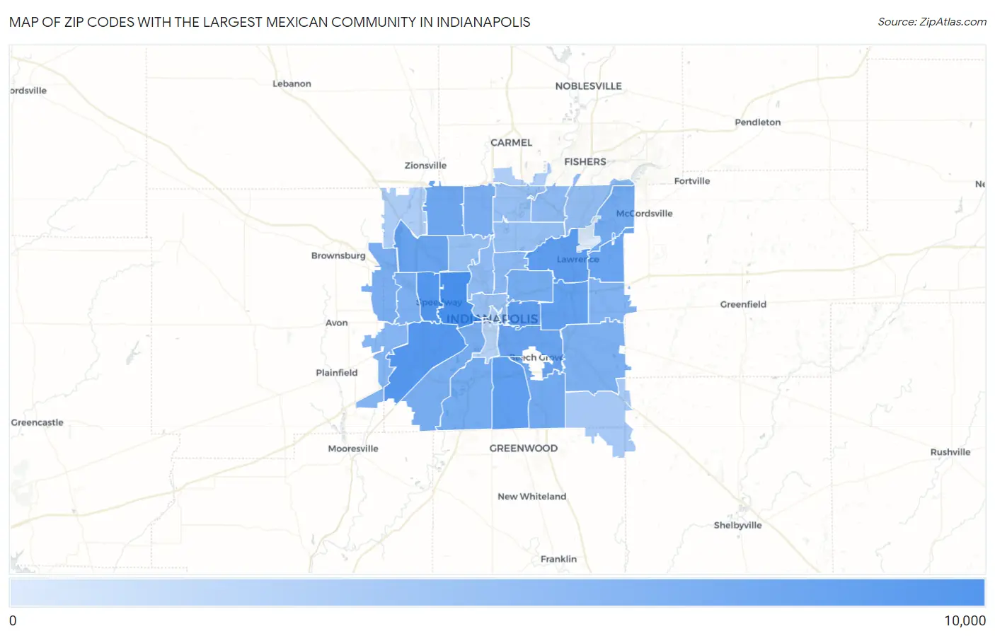 Zip Codes with the Largest Mexican Community in Indianapolis Map