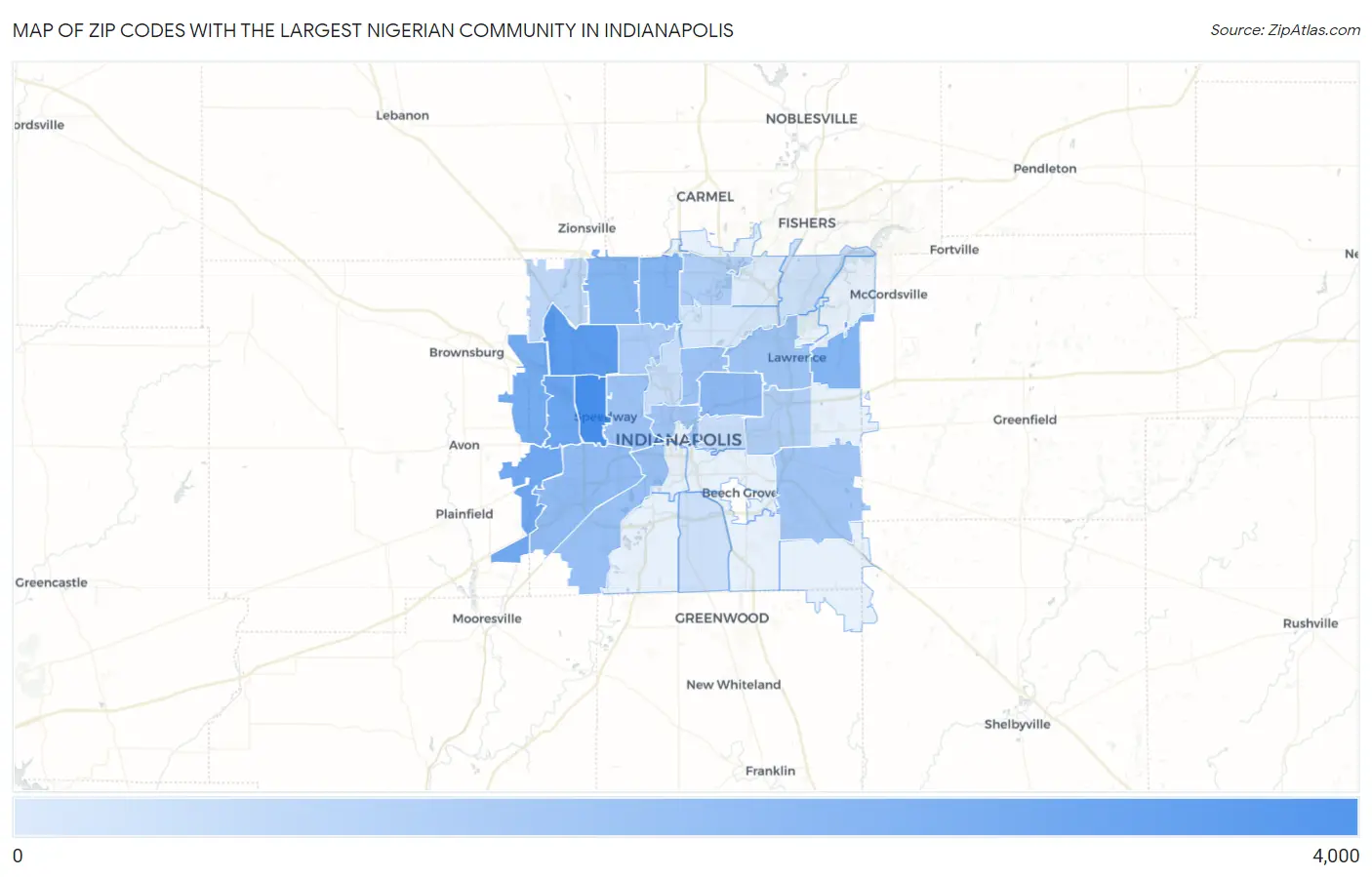 Zip Codes with the Largest Nigerian Community in Indianapolis Map