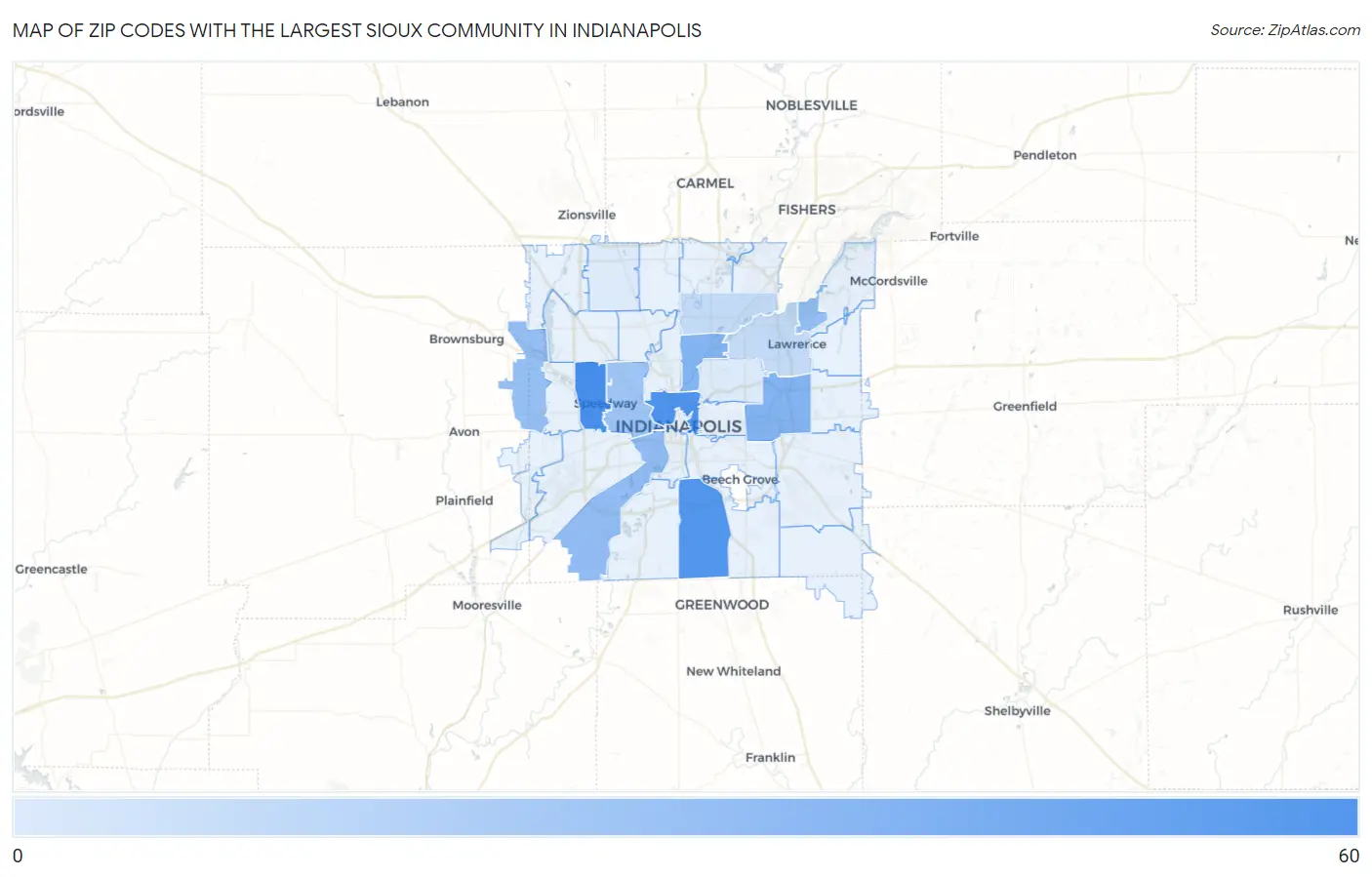 Zip Codes with the Largest Sioux Community in Indianapolis Map