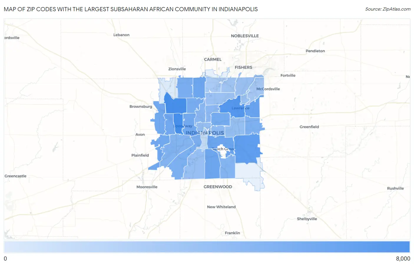 Zip Codes with the Largest Subsaharan African Community in Indianapolis Map