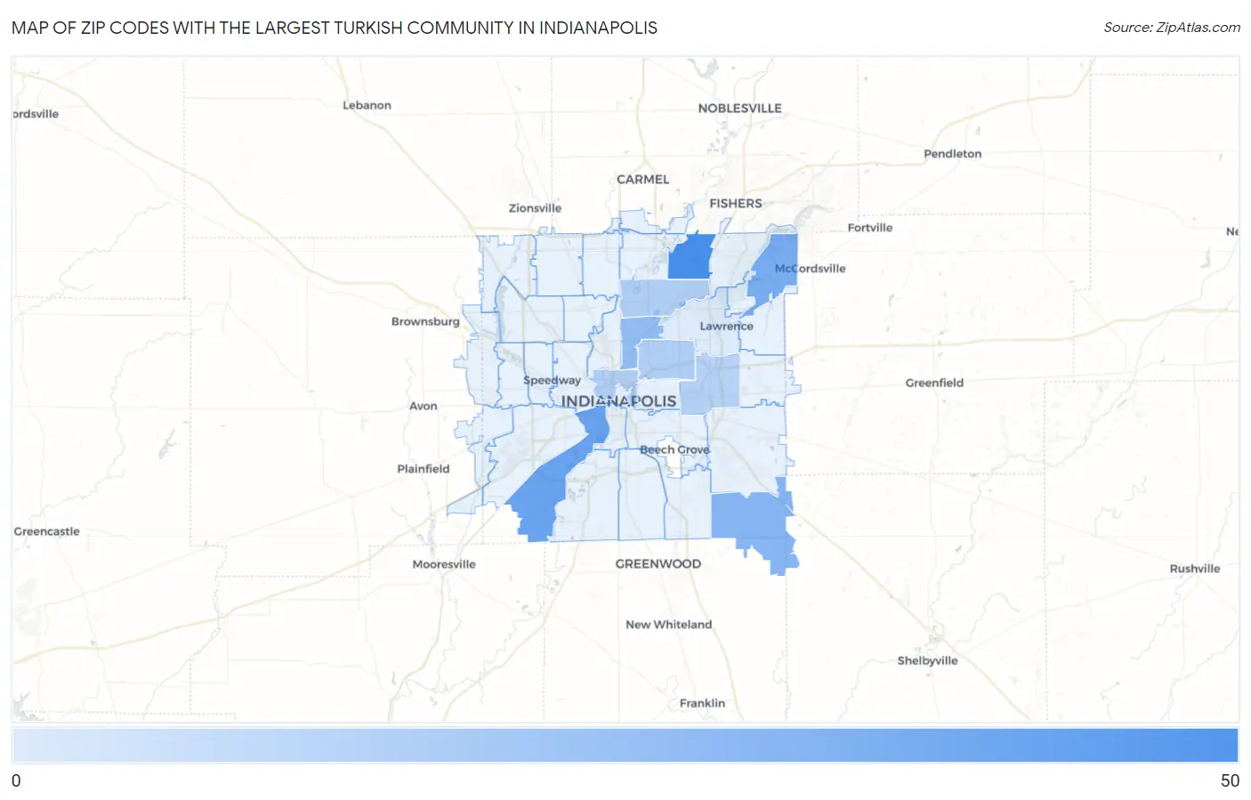 Zip Codes with the Largest Turkish Community in Indianapolis Map