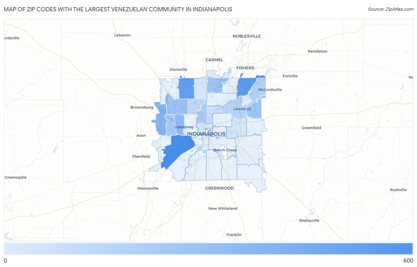 Zip Codes with the Largest Venezuelan Community in Indianapolis Map