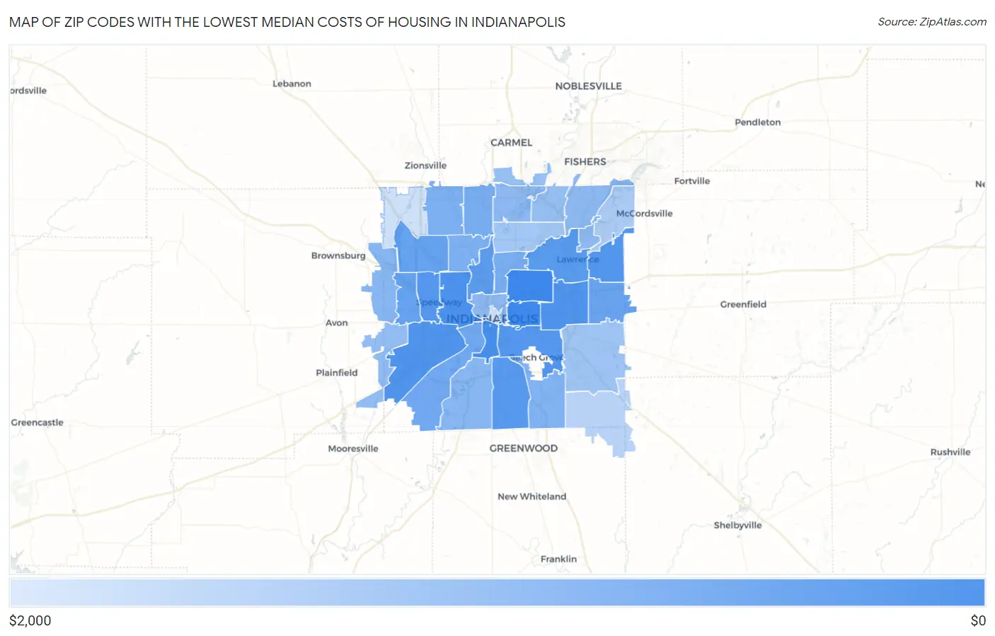 Zip Codes with the Lowest Median Costs of Housing in Indianapolis Map