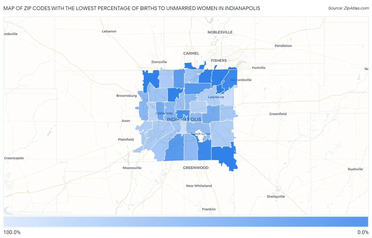 Zip Codes with the Lowest Percentage of Births to Unmarried Women in Indianapolis Map